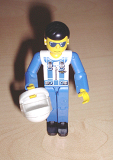 LEGO tech026 Technic Figure Blue Legs, White Top with Zipper & Shoulder Harness Pattern, Blue Arms, White Helmet (set 8222)
