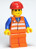 LEGO trn132 Orange Vest with Safety Stripes - Orange Legs, Red Construction Helmet, Black Hair, Eyebrows, and Smirk