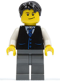 LEGO twn049 Black Vest with Blue Striped Tie, Dark Bluish Gray Legs, White Arms, Black Short Tousled Hair