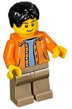 LEGO twn212 Orange Jacket with Hood over Light Blue Sweater, Dark Tan Legs, Black Short Tousled Hair