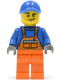 LEGO twn232 Overalls with Safety Stripe Orange, Orange Legs, Blue Cap with Hole, Lopsided Grin (10680)