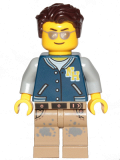 LEGO twn396 Male Driver with Dark Blue Jacket, Dark Tan Legs with Dark Bluish Gray Splotches, Dark Brown Hair
