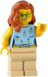 LEGO twn468 Woman - Bright Light Blue Knotted Top with Pineapples, Tan Legs, Dark Orange Hair, Green Glasses