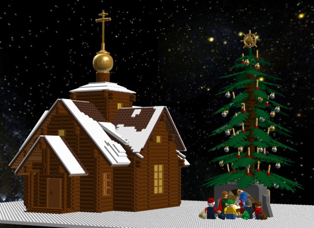 LEGO MOC - Новогодний Кубик 2014 - Рождественский вечер: Церковь Рождества Христова с Рождественской елкой