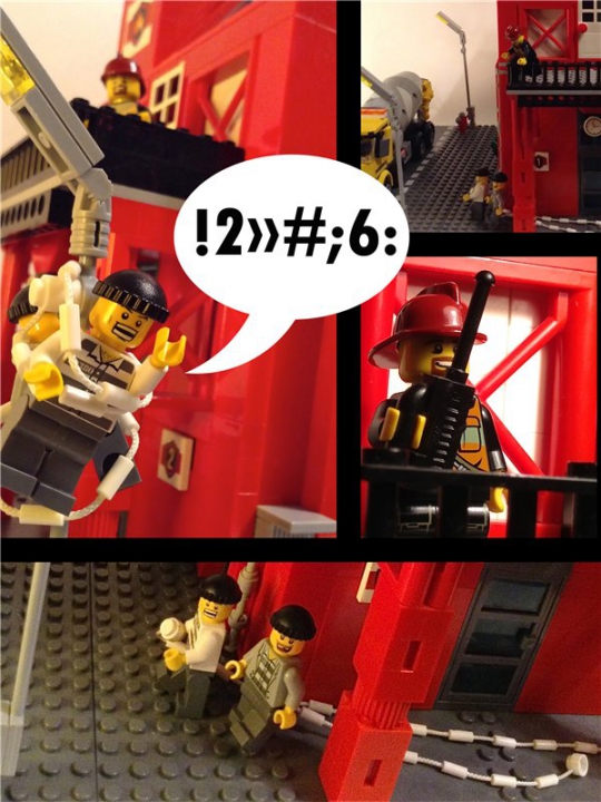 LEGO MOC - Новогодний Кубик 2014 - Дежурство в новогоднюю смену: Борода выхватил рацию и срочно связался с дежурным.<br />
<p>- Дежурный! Дежурный! Это пожарник-борода срочно ответь!<br />
<p>- На связи!<br />
- Срочно вызови наряд полиции и объявляй тревогу, я вижу двух убегающих преступников их срочно нужно задержать!