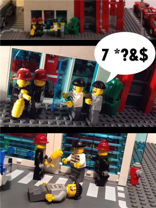 LEGO MOC - Новогодний Кубик 2014 - Дежурство в новогоднюю смену: Благодаря храбрым близнецам пожарникам и вовремя подоспевшему шерифа, полиции наконец-то удалось захватить разыскиваемых преступников. Шерифа и пожарников представили к награде и показали в выпуске новостей по ЛЕГО-ТВ.