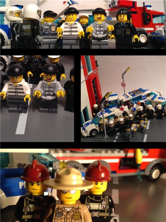 LEGO MOC - Новогодний Кубик 2014 - Дежурство в новогоднюю смену: Спайдермен купил подарок тетушке и вернулся на крышу, что бы понаблюдать за тем, как полиция посадит преступников в полицейскую машину и отвезет их в тюрьму. Он так и не узнал, что они вырвались из его паутины и почему все вокруг хвалят пожарников и шерифа.