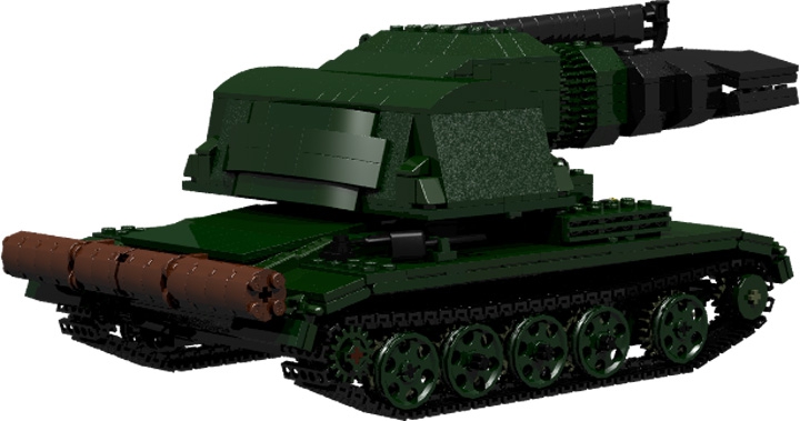 LEGO MOC - Конкурс LDD 'Военная техника XX-го века' - Газодинамический тральщик 'Прогрев-Т': 'Прообразом и подобием 'Прогрева' стала аэродромная тепловая машина. На базе шасси танка Т-54 установили реактивный двигатель от МиГ-15, прикрепили объемистый бак с керосином... Немудрено, что непросвященные партизанские лазутчики поначалу приняли гиганское сопло тральщика за ствол диковиной пушки и панически сообщили о грядущих бедах. Тем временем механик-водитель мл. сержант В. Ковязин (в боевой истории останется и это имя) уверенно вел 'Прогрев' по трассе Джелалабад-Асадабад, буквально раскрывая козни самих диверсантов. '<br />
Делал шасси основываясь на фотографиях Т-54, оттуда и бревно сзади для самовытаскивания. 