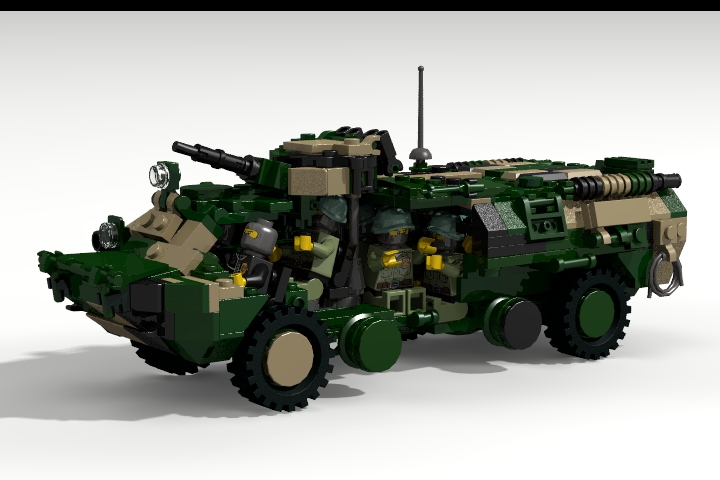 LEGO MOC - Конкурс LDD 'Военная техника XX-го века' - БТР-80: БТР-80 имеет компоновку с расположением отделения управления в лобовой, совмещённого десантного и боевого — в средней, а моторно-трансмиссионного — в кормовой части машины. Штатный экипаж БТР-80 состоит из трех человек: командира отделения (машины), механика-водителя и наводчика; помимо них, бронетранспортёр может перевозить 7 мотострелков.