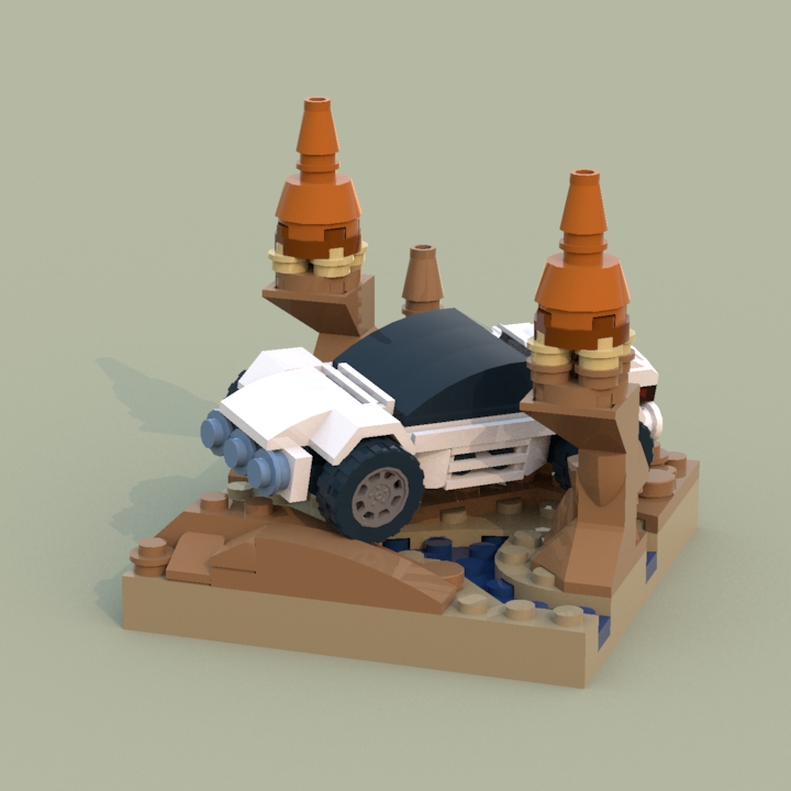 LEGO MOC - Битва Мастеров 'В кубе' - Пересечение ручья в каньоне: Цель работы - показать, что полноценная сценка такого масштаба вполне умещается в куб. Никаких соплей, кустиков, птичек и прочего - только суровые скалы и автомобиль.