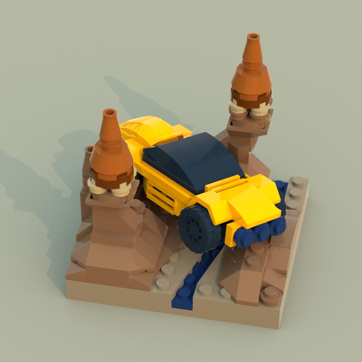 LEGO MOC - Битва Мастеров 'В кубе' - Пересечение ручья в каньоне: Как видите, упор на дизайн внедорожника и его пропорциональность - посему не заморачивался с подвеской. Скачав файл с моделью, вы увидите, что дорожный просвет и так немаленький. Автомобиль можно сделать из реальных деталей, но только с кузовом в чёрном или зелёном цвете, которые в работе не показаны.