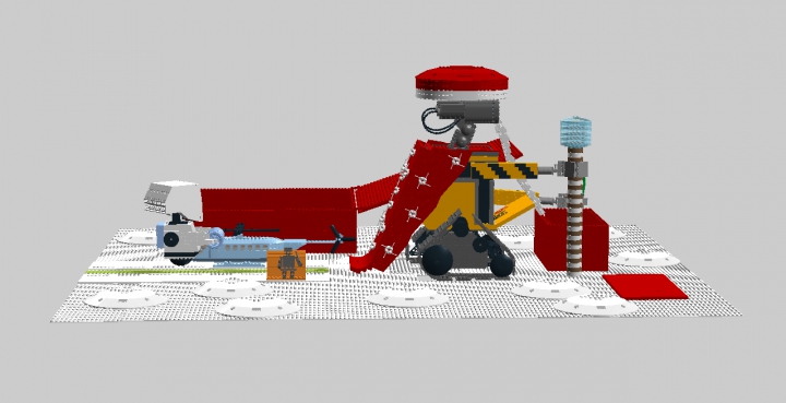 LEGO MOC - Новогодний Кубик 2016 - Валли — Дед Мороз: Вид сбоку. Док стоит за Валли. Он смотрит на вертолёт.