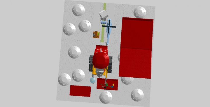 LEGO MOC - Новогодний Кубик 2016 - Валли — Дед Мороз: Вид сверху. На снегу круглые кучки снега. Эти кучки сделал Валли, чтобы немножко освободить пространство где он будет работать. Док ездит по зелёной дорожке.