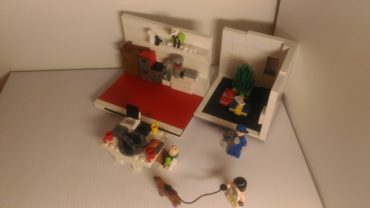 LEGO MOC - Новогодний Кубик 2017 - Новогодняя комната семьи:  В этой работе находиться кухня и зал.Работа в этой работе находиться кухня и зал выполнена в основном белых и чёрных цветах.