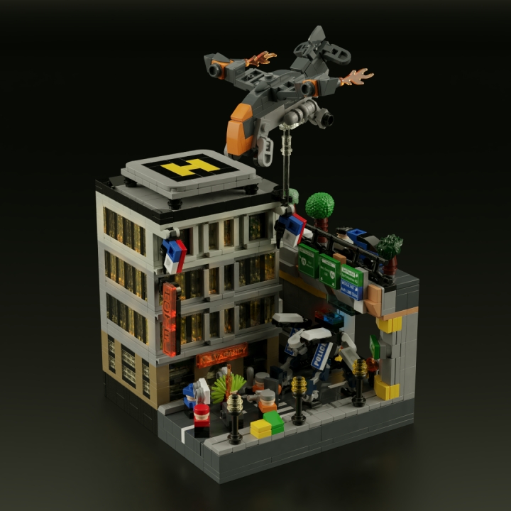LEGO MOC - 16x16: Микро - Революция человечества. Рассвет и закат Детройта: </center></i><br><br />
Одно из столкновений между радикальными демонстрантами и полицией Детройта развернулось перед туннелем, проходящим от Коллинз-стрит к Сариф-плаза, улице, где расположен главный офис одноимённой компании.<br />
<i><center>