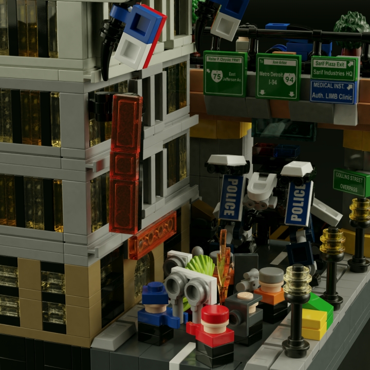 LEGO MOC - 16x16: Микро - Революция человечества. Рассвет и закат Детройта: </center></i><br><br />
Для урегулирования ситуации к месту продвижения бунтовщиков был отправлен отряд специального назначения при поддержке вооружённого автономного бота <a href='https://deusex.fandom.com/wiki/80-X_Boxguard'>80-X Boxguard</a>, предназначенного для охраны правопорядка в экстренных ситуациях. Подобные роботы, помимо детройтских стражей закона, также используются и популярными в эпоху нового общества частными военизированными охранными предприятиями типа 'Беллтауэр'.<br />
<i><center>