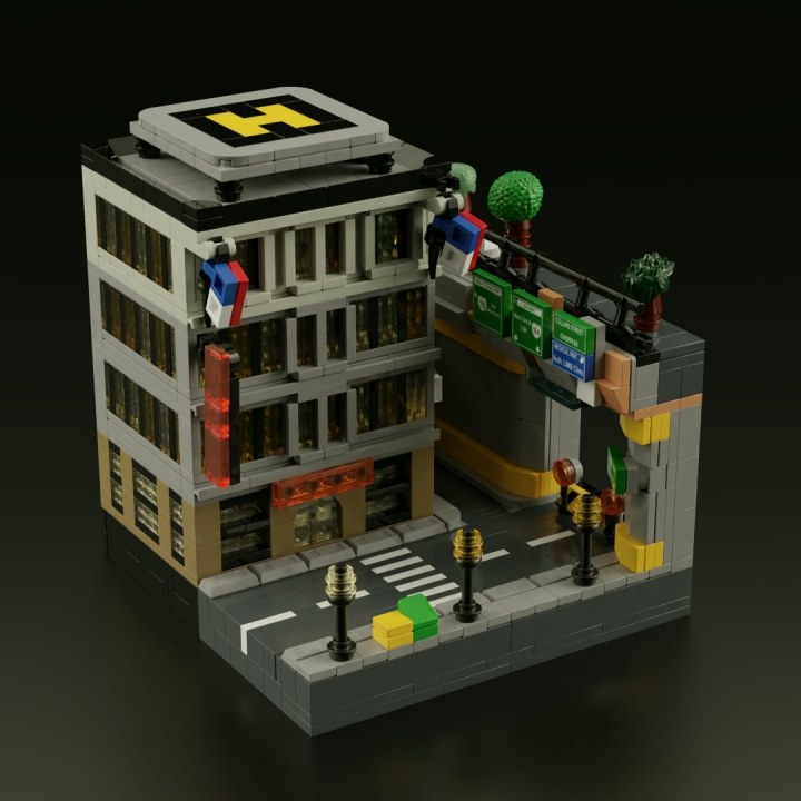LEGO MOC - 16x16: Микро - Революция человечества. Рассвет и закат Детройта: </center></i><br><br />
В мирное же время, однако, Коллинз-стрит выглядит достаточно тихо, как и подобает любой небогато обставленной проездной улочке в Детройте. Лишь фасад здания, выполненный в стиле бизнес-центров шестидесятых годов прошлого века и вертолётная площадка на крыше напоминают о том, что когда-то это был престижный район недалеко от центра. Как знать, может, протестующие против биотехнологов и не задумываются о том, что кость, стоящая им поперёк горла - последняя в скелете благосостояния города? <br />
<i><center>