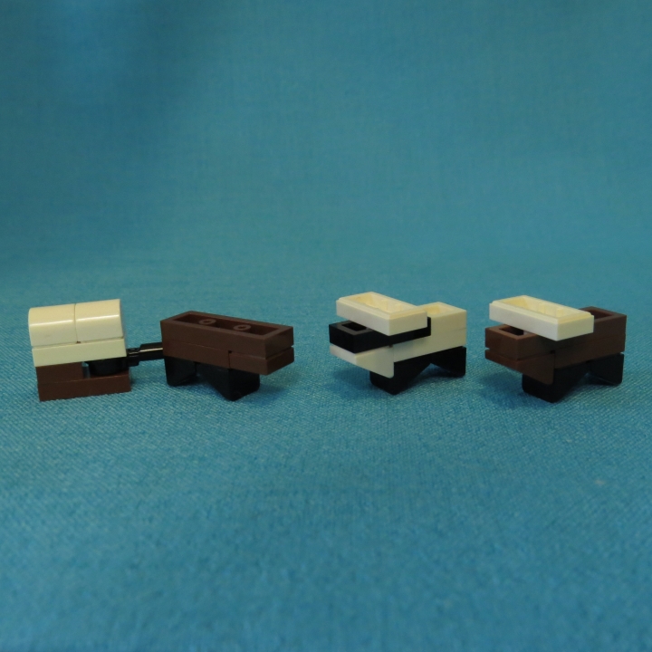 LEGO MOC - LEGO-конкурс 16x16: 'Вестерн' - Вестбрик, Штат Техас: Второстепенные герои (слева направо): Лошадь с повозкой, Корова чёрно-белая, Корова коричневая.