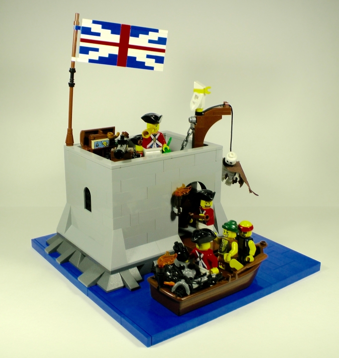 LEGO MOC - LEGO-конкурс 24x24: 'Пираты' - Бомба для губернатора или Драма на КПП: В тот момент, когда Чичикс торжествующе вынимал из рыбацкой сети с протухшей рыбой (топорная пиратская маскировка) предназначавшуюся для губернатора бомбу (как пираты собирались доставить её к цели, так и осталось загадкой), отмороженный псих, которого неизвестный идиот из пиратского начальства послал на задание, требовавшее такта и аккуратности, отчаявшись, выхватил нож и замахнулся им на бестолкового лейтенанта... Тогда наблюдавший за этой сценой рядовой Стормупер выхватил мушкет и попытался произвести первый в своей жизни меткий выстрел...